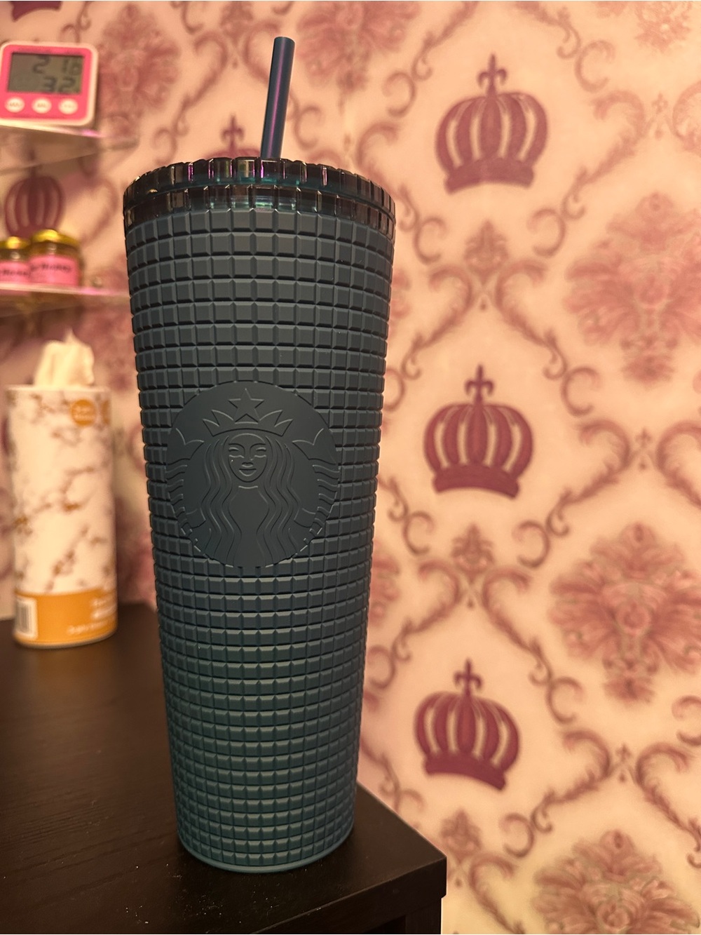 NWT 2022 Starbucks Tumbler Navy Blue Teal Soft Grid Cold Cup Venti 24oz W/Straw